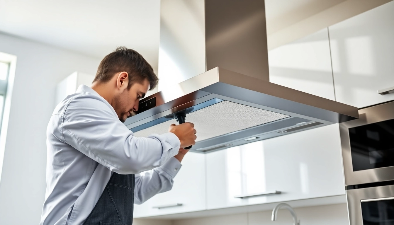 Enhance your vent hood repair with a professional technician at work in a modern kitchen setting.
