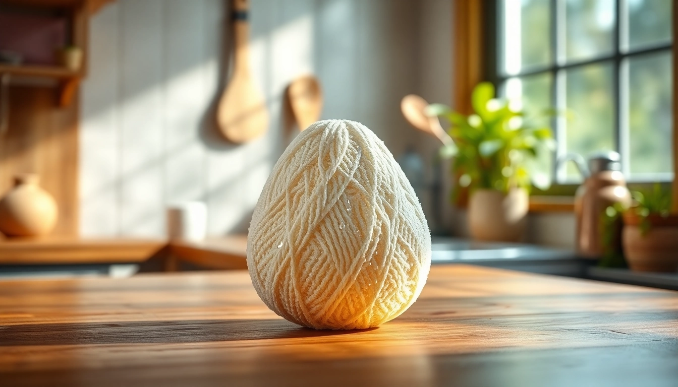 Kitchen loofah on a wooden counter, showcasing its texture and freshness in natural light.
