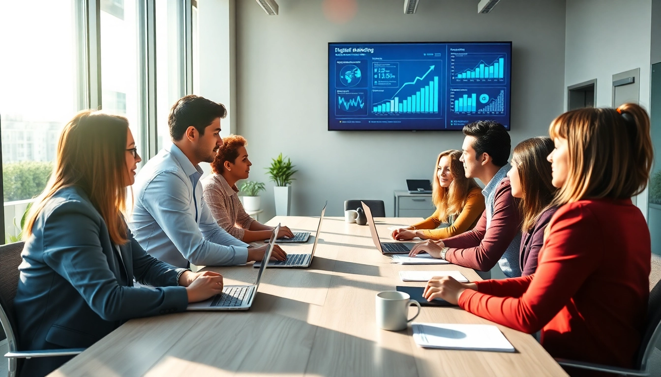 Engaging online marketing edmonton brainstorming session with diverse professionals in a modern office.