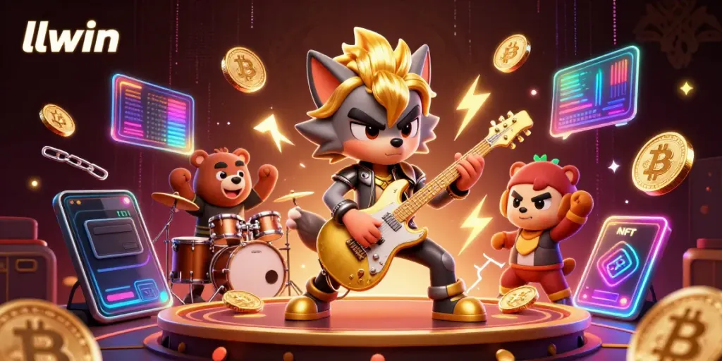 Engage with llwin's vibrant gaming atmosphere featuring a rock star wolf and dynamic elements.