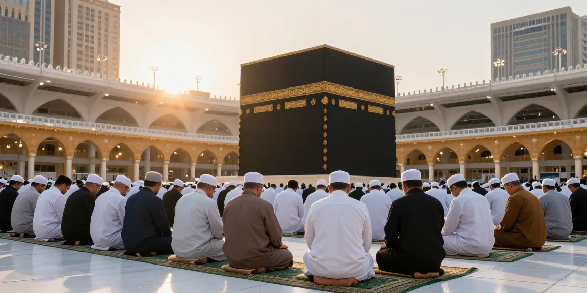 A tranquil scene of Umroh Itikaf at Masjid al-Haram with pilgrims in prayer, showcasing the spiritual atmosphere of Ramadan travel experiences.