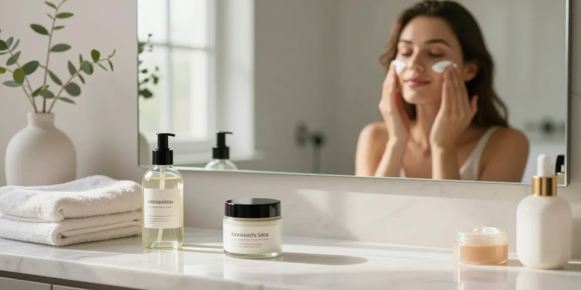 Aplicând o cremă hidratantă pentru față într-o baie serene, înconjurată de produse esențiale pentru îngrijirea pielii.