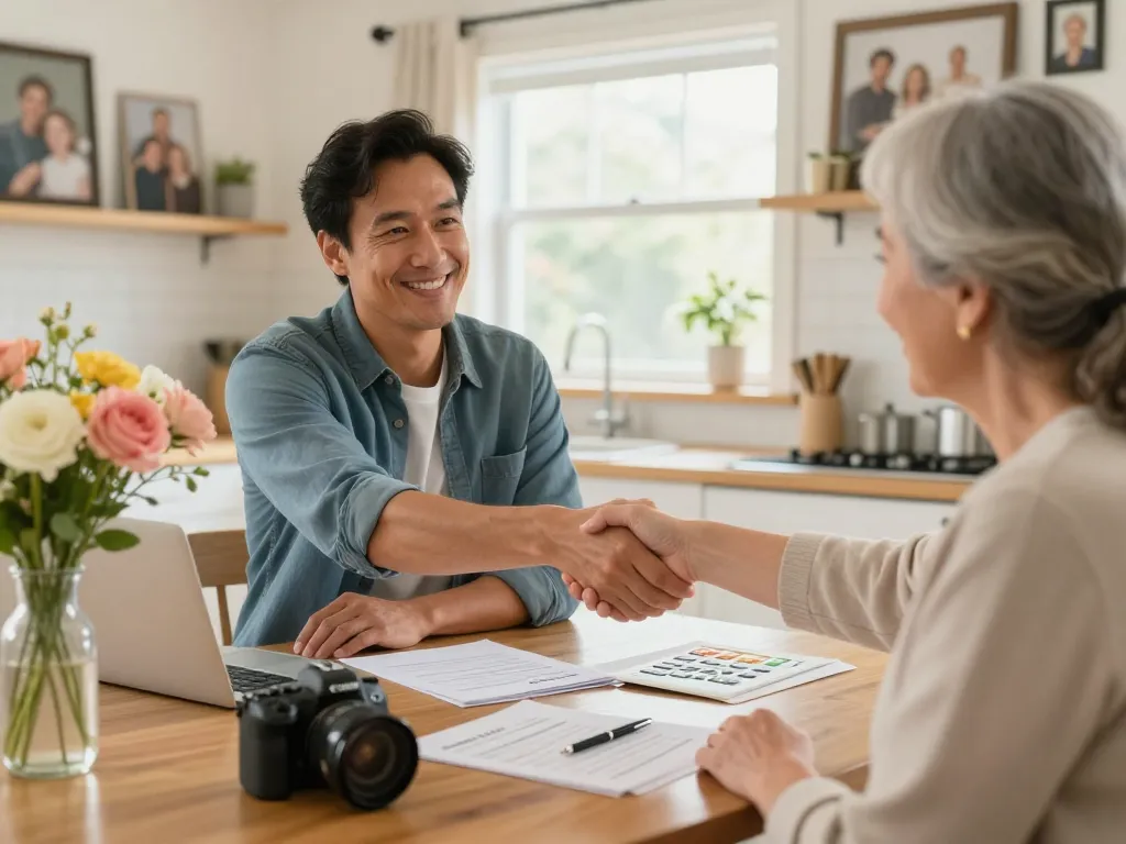 Sell my house fast for cash in a warm home environment with a happy buyer and seller transaction.