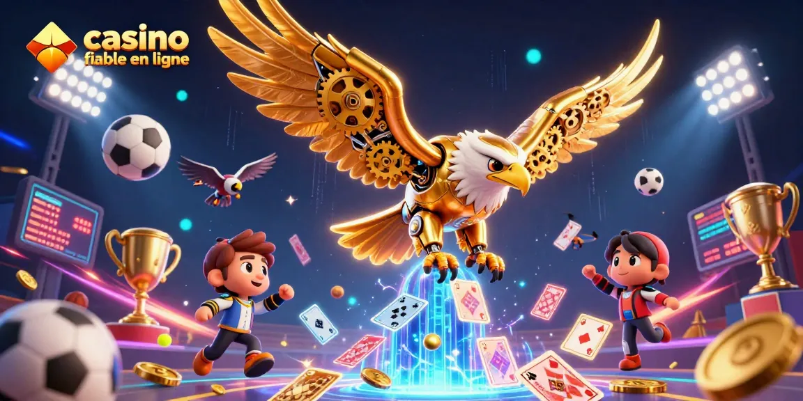 Jouez à un casino fiable en ligne avec cet aigle cybernétique et ses cartes holographiques.
