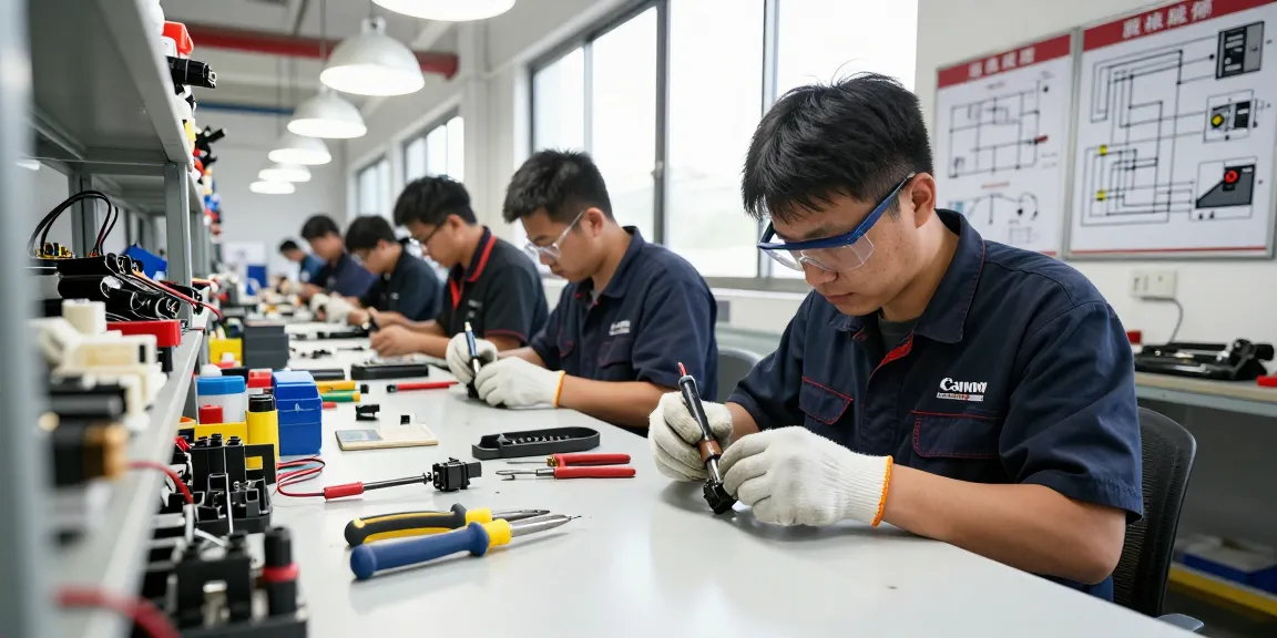 Technicians assembling automotive electrical connectors in a workshop, showcasing precision and craftsmanship.