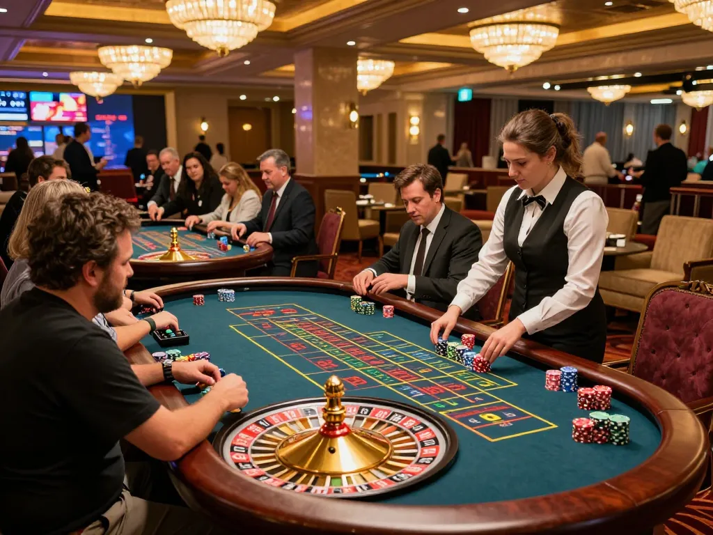 Excited players engaging at a 99win roulette table under ambient casino lighting.