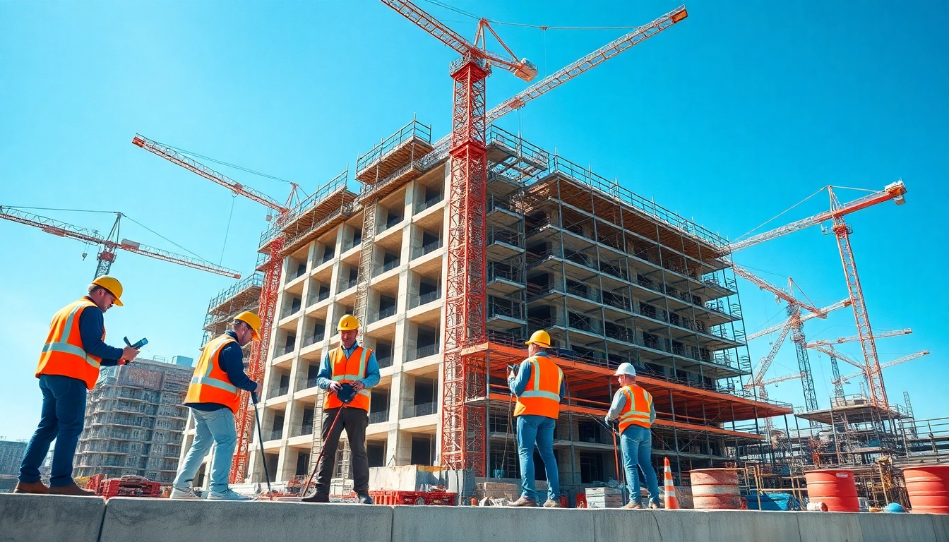Construction workers actively collaborating on a large building project at a vibrant construction site.