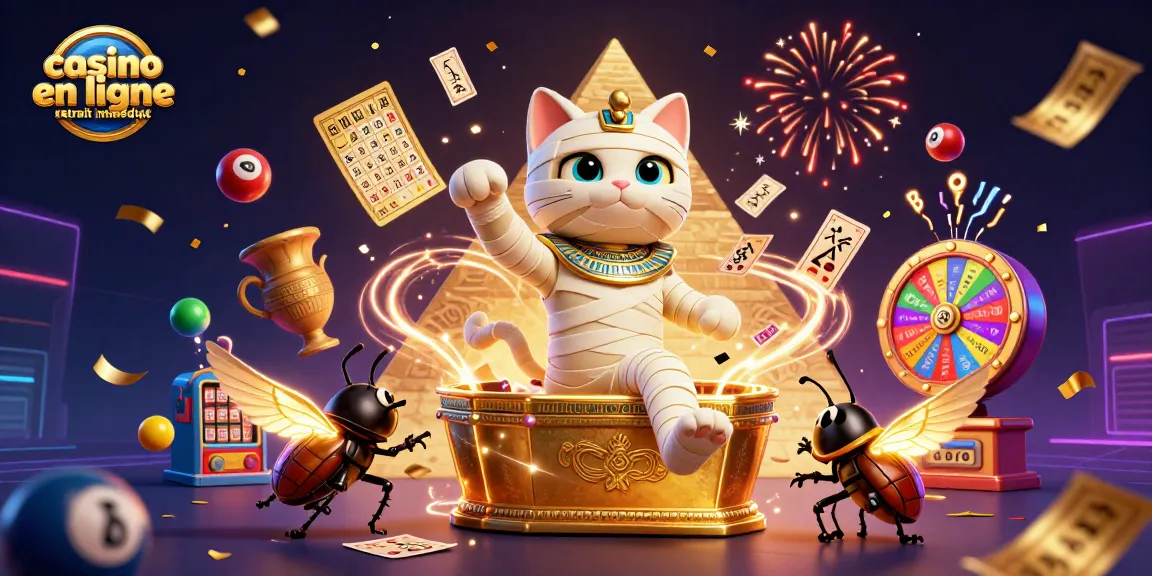 Vivez l'excitation avec le jeu de casino en ligne retrait immédiat, illustré par le chat momie égyptien et des éléments de loterie.