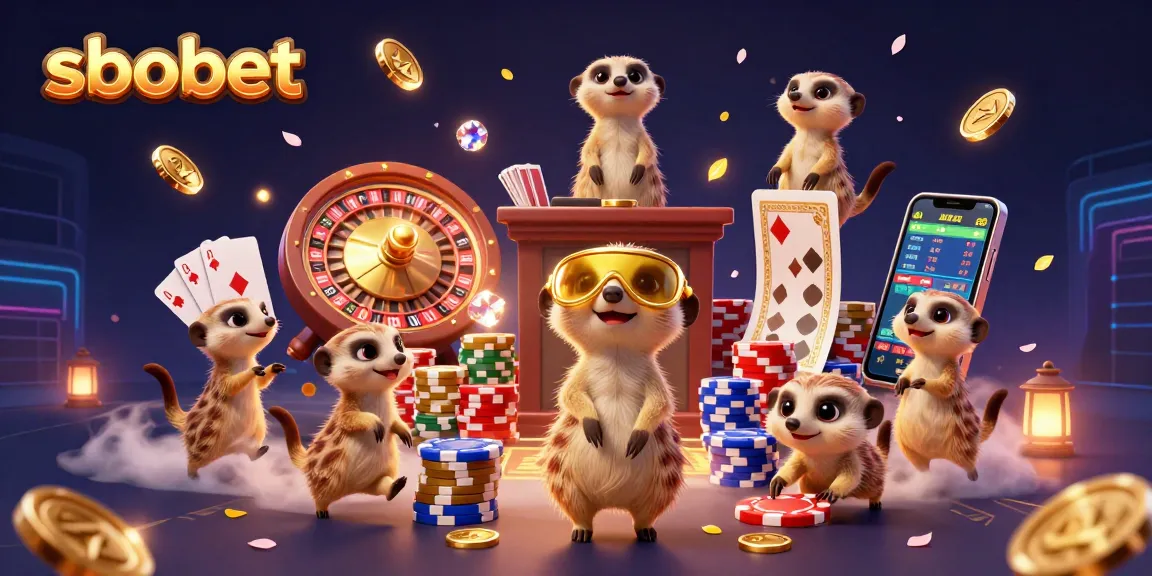 SBOBET meerkats engaging in dynamic sports betting action with vibrant casino elements and impressive visuals