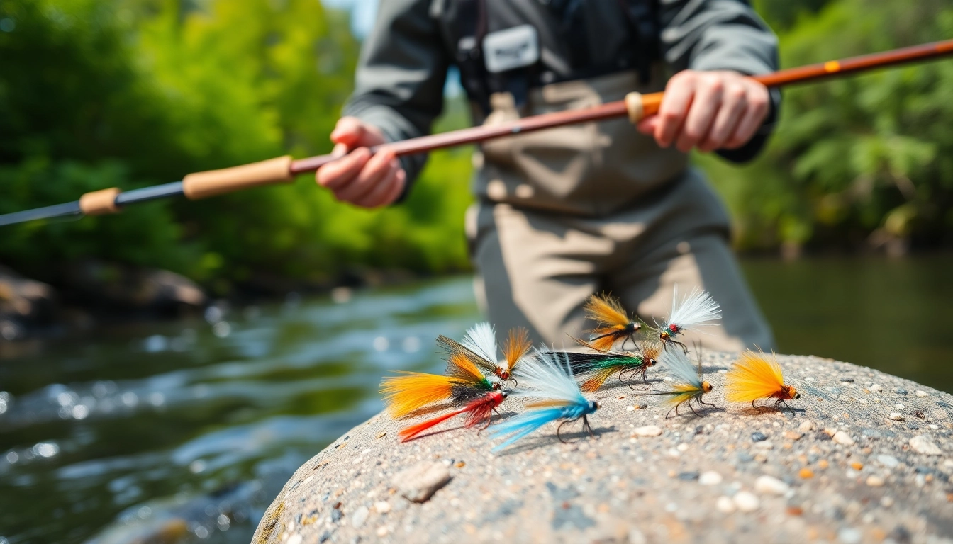 Explore diverse fly fishing accessories laid out beside a professional angler on a riverbank.