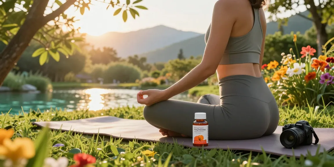 Person meditating with Haematococcus pluvialis astaxanthin supplements in a serene outdoor setting.
