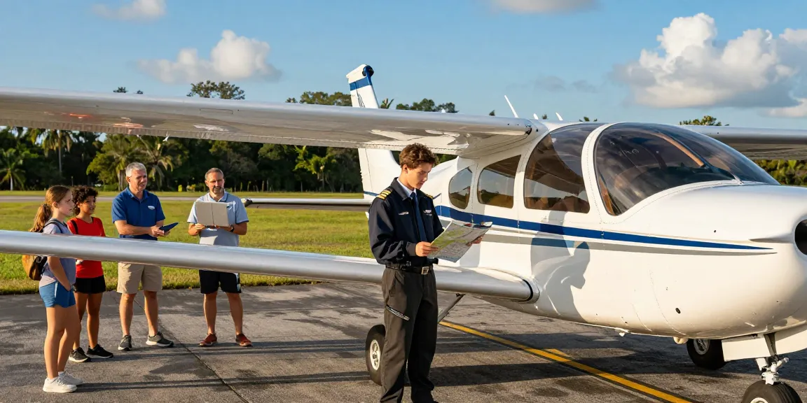 Savannah aviation discovery flight experience with a young pilot and instructor preparing by a Cirrus aircraft under a bright blue sky.