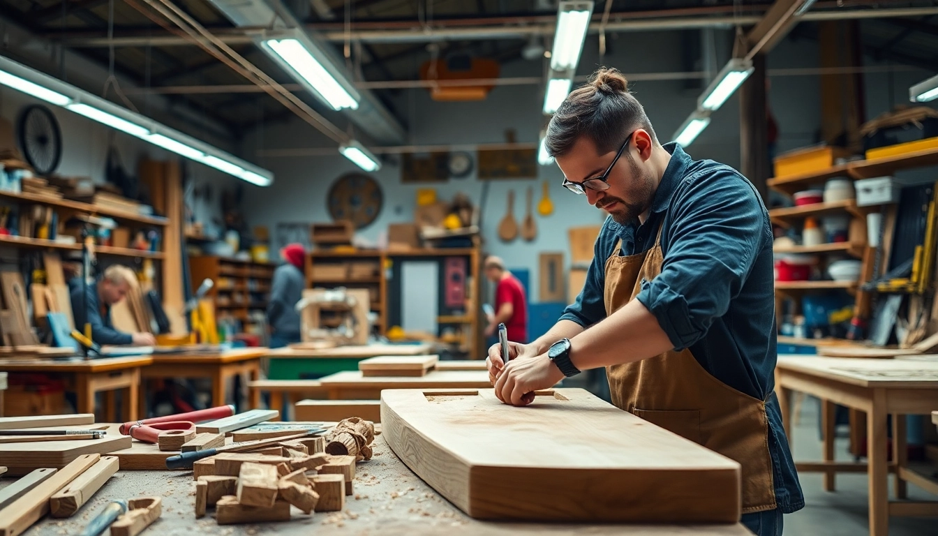 Craft training session featuring artisans at work, showcasing tools and creativity in a vibrant workshop.