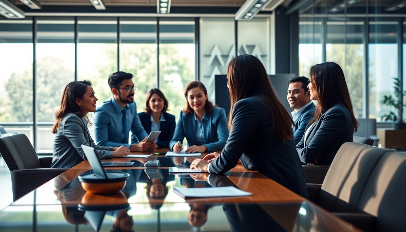 Contract Management discussion among diverse professionals in a bright office setting.