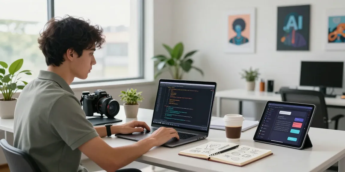 Dynamic workspace with developer coding through crush ai on laptop in a modern office