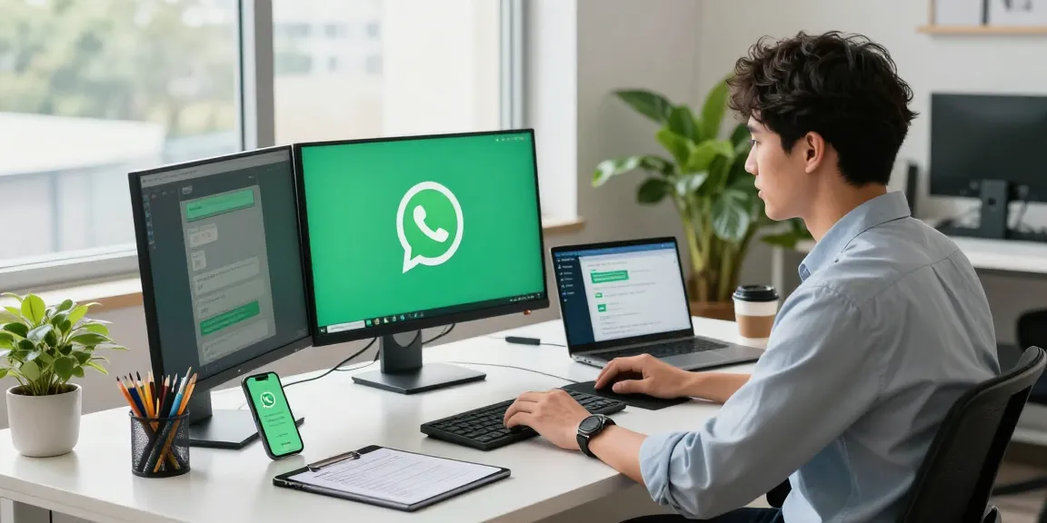 Professional using WhatsApp電腦版 in a modern office workspace.