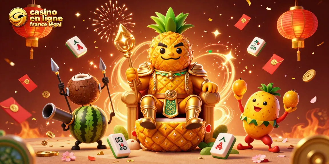 Illustrez le casino en ligne France légal avec un roi ananas et des gardes en bois;