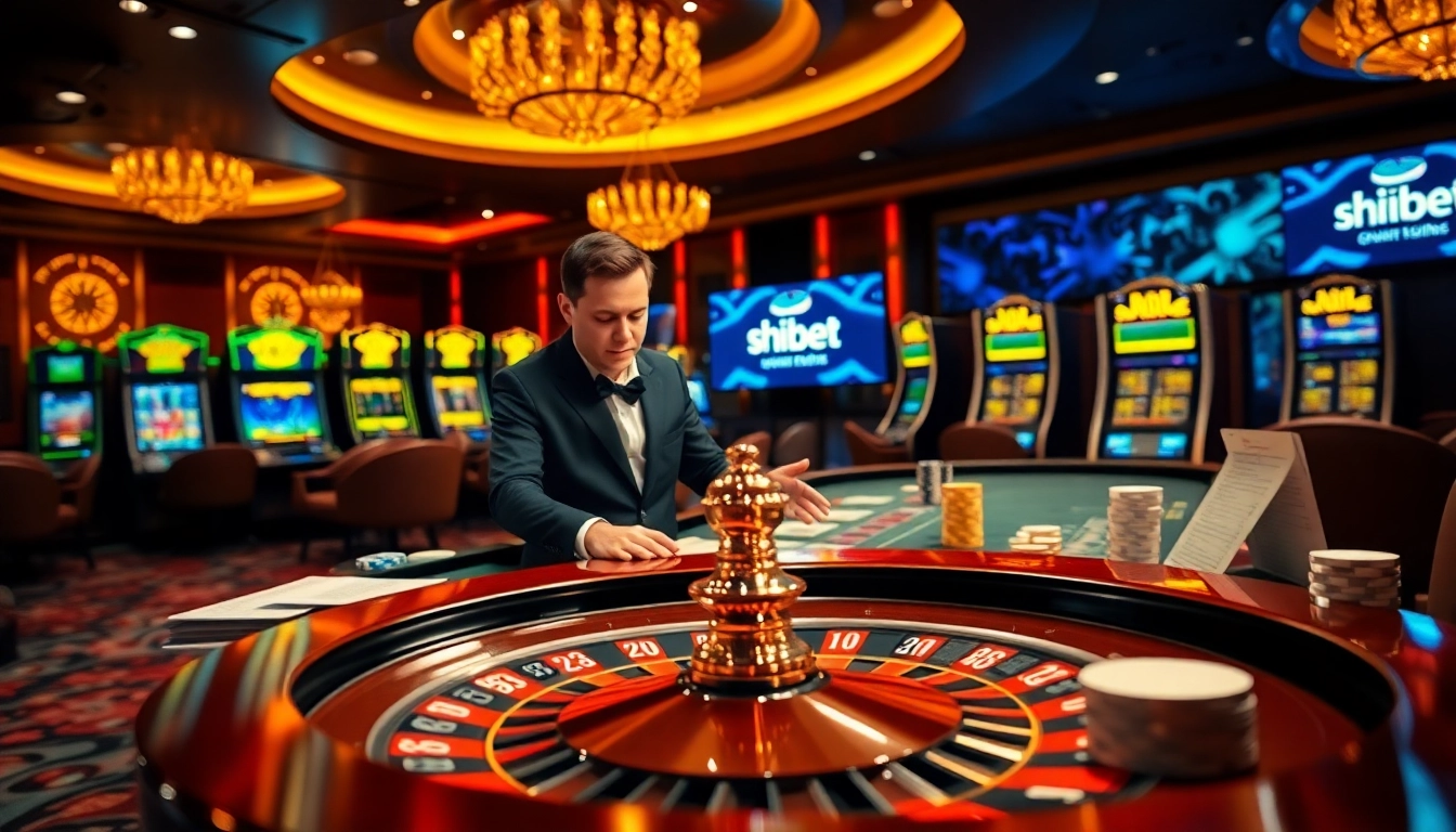 shbet logo displayed prominently in a luxurious casino environment with a game table and roulette wheel.