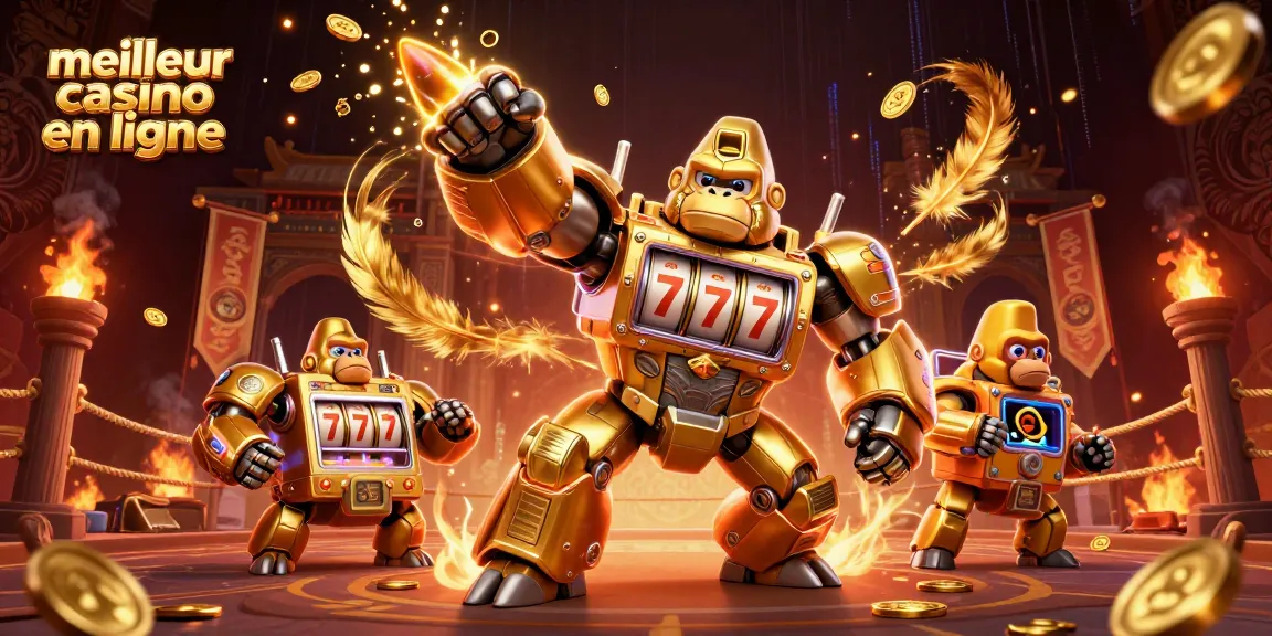 Illustration dynamique du meilleur casino en ligne avec un gorille mech en or et des éléments de machines à sous.