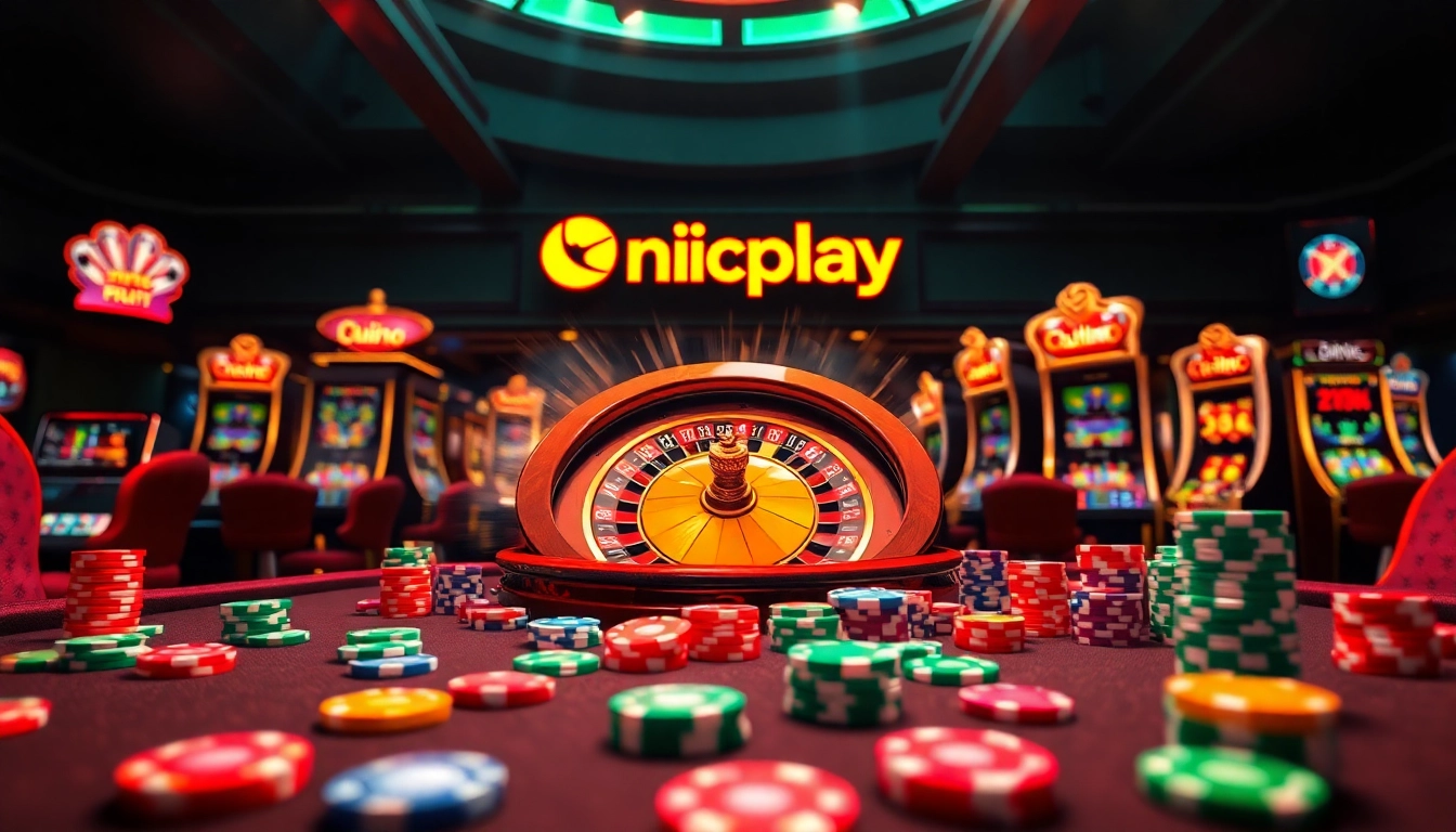 Experience the thrill of Onicplay with vibrant visuals of slot machines and roulette wheels.