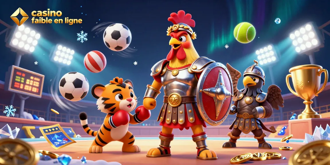 Jouez au casino fiable en ligne avec des jeux immersifs illustrés par un coq gladiateur.