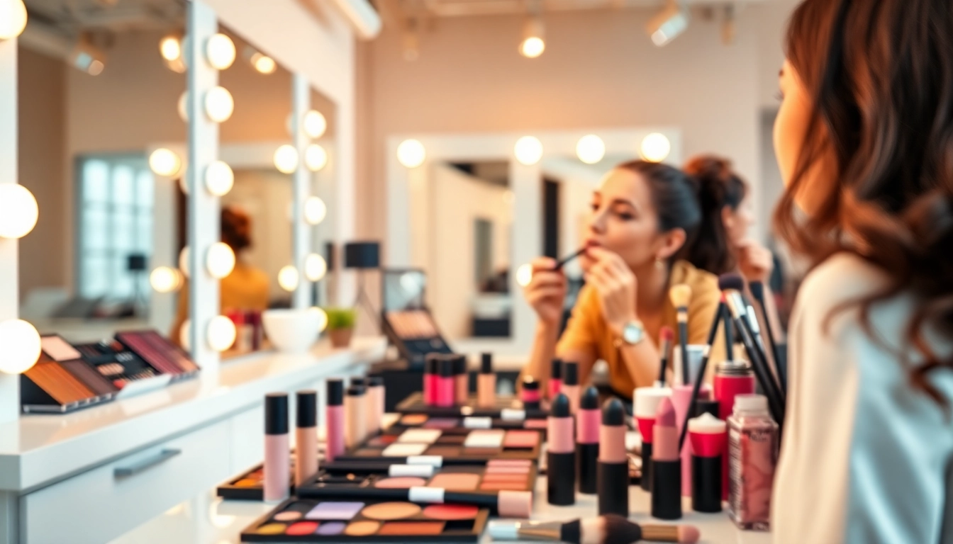 Apply wholesale make up with diverse products in a bright studio.
