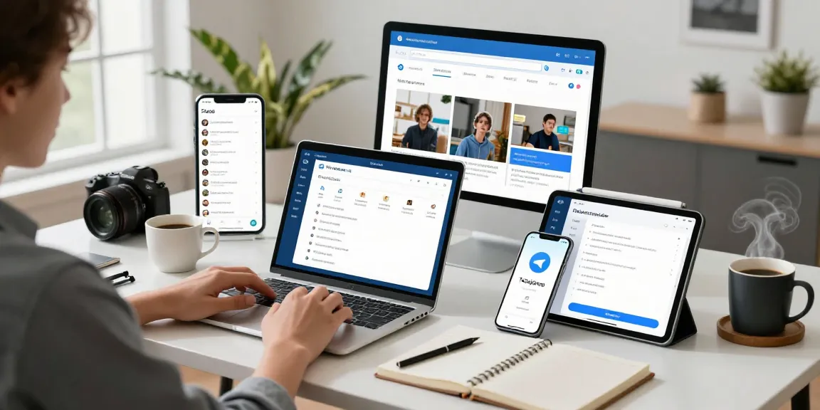Exploring telegram中文版 on multiple devices in a bright tech workspace.