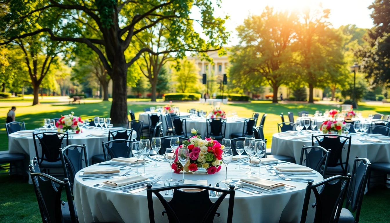 Showcase of stunning table rentals decorated for an outdoor event.