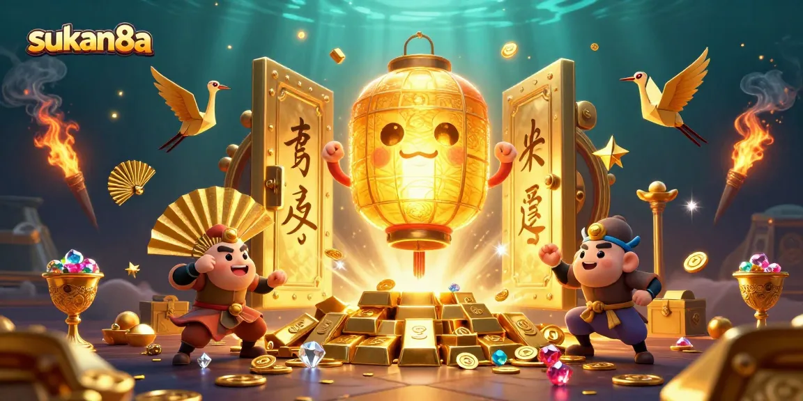 Sukan8a's vibrant casino scene showcases a glowing lantern spirit, lucky symbols, and treasure elements.