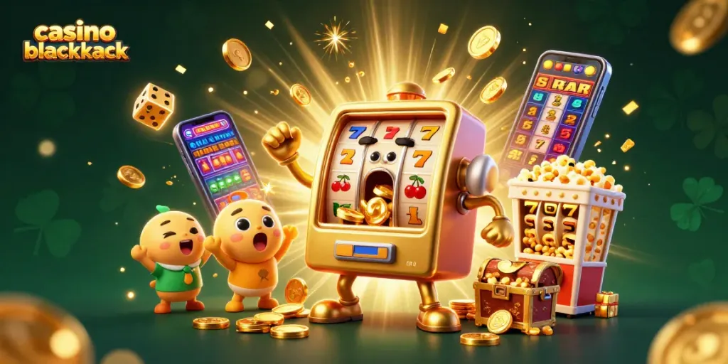 Disfruta del casino blackjack con una máquina tragamonedas dorada celebrando su premio en medio de una explosión de monedas.