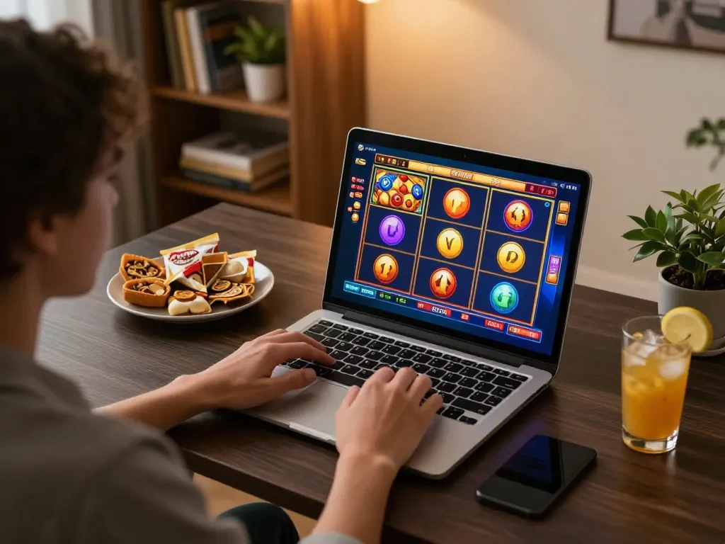 Engaging gameplay of slot online on a laptop in a stylish home setting with ambient lighting.