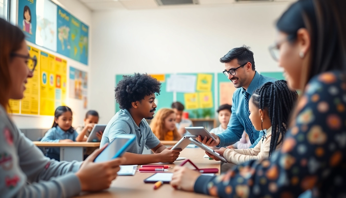 Education in a lively classroom with diverse students engaged in interactive learning activities.