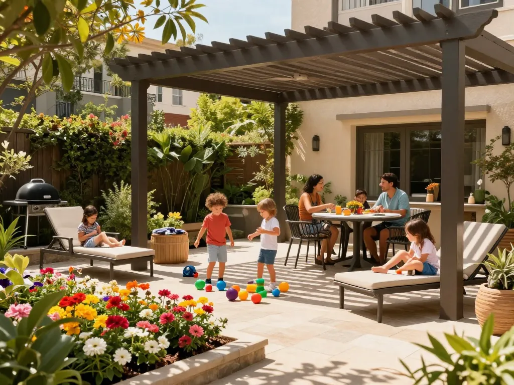 3D pergola configurator enhancing family gathering in a sunny garden patio.