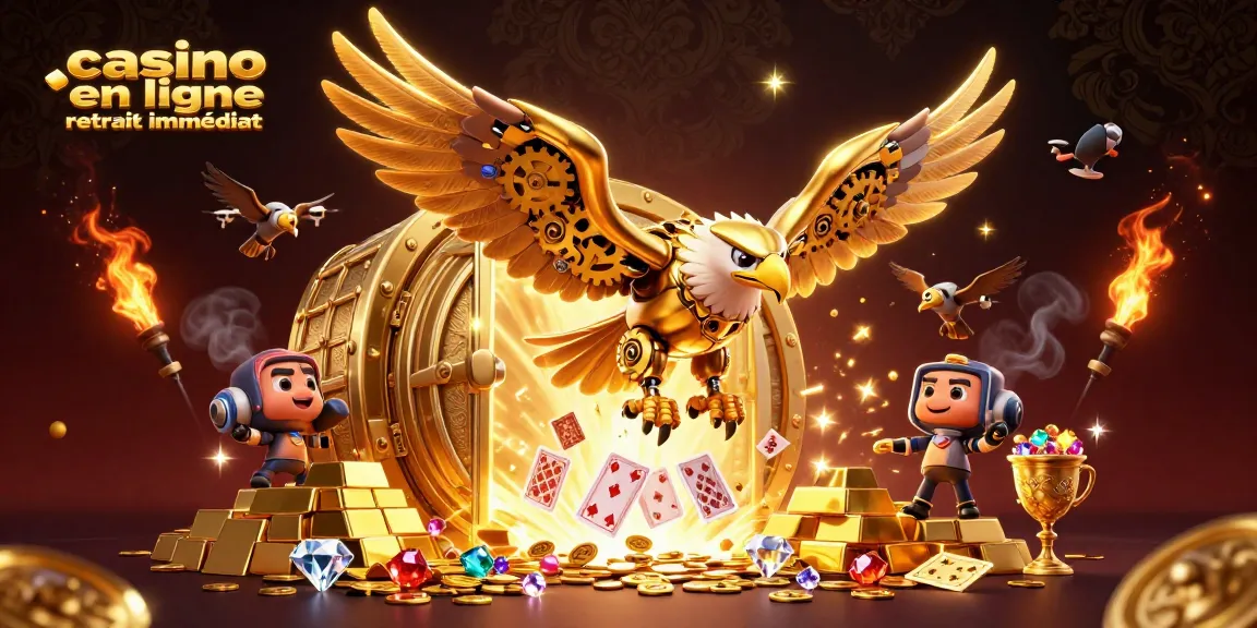 Jouer au casino en ligne retrait immédiat avec un aigle cybernétique et des cartes holographiques.