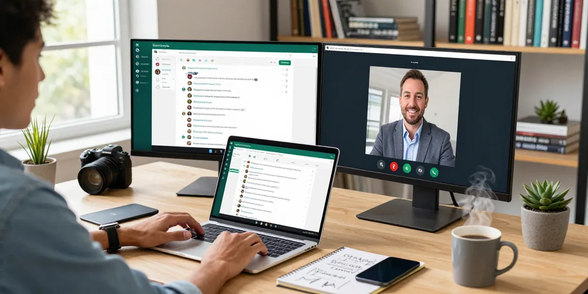 Person using WhatsApp電腦版 on a laptop in a modern home office, engaged in video conferencing and multitasking.
