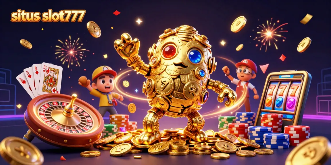 Permainan kasino di situs slot777 dengan karakter golem emas dan elemen slot menyenangkan.