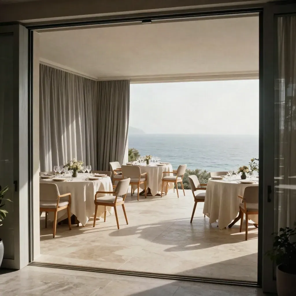 Empty cliffside ballroom with terrace tables, chairs, acoustic drape, and ocean haze at morning light