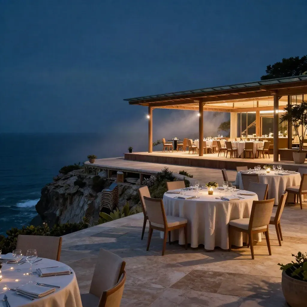 Cliffside resort terrace at blue hour with linen tables, stage riser, stacked chairs, and glowing pavilion uplights.