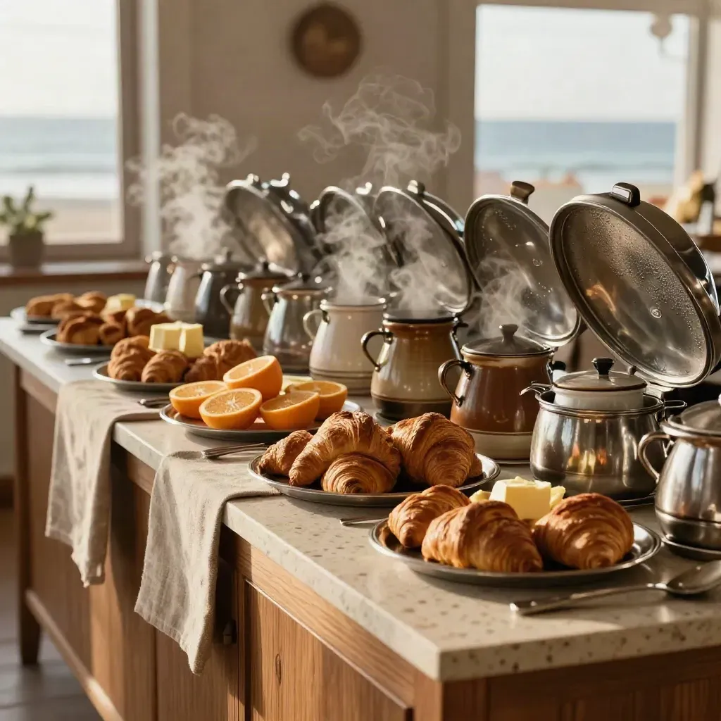 Steam rises over a coastal breakfast buffet with coffee pots, croissants, and covered platters.