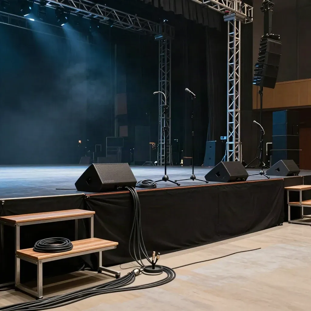 Low stage build with mic stands, cables, wedges and truss in a dark hazy venue