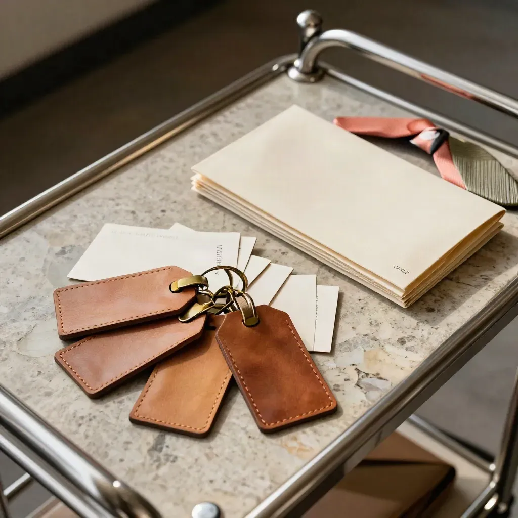 Guest logistics items fanned on stone beside a bell cart, lit by soft daylight.