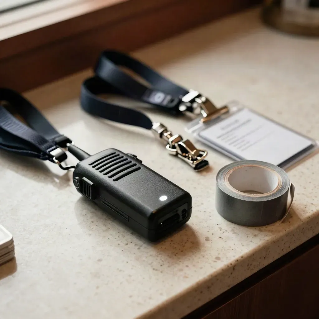 Radio charger, lanyards, badge reels and tape staged on a travertine counter.