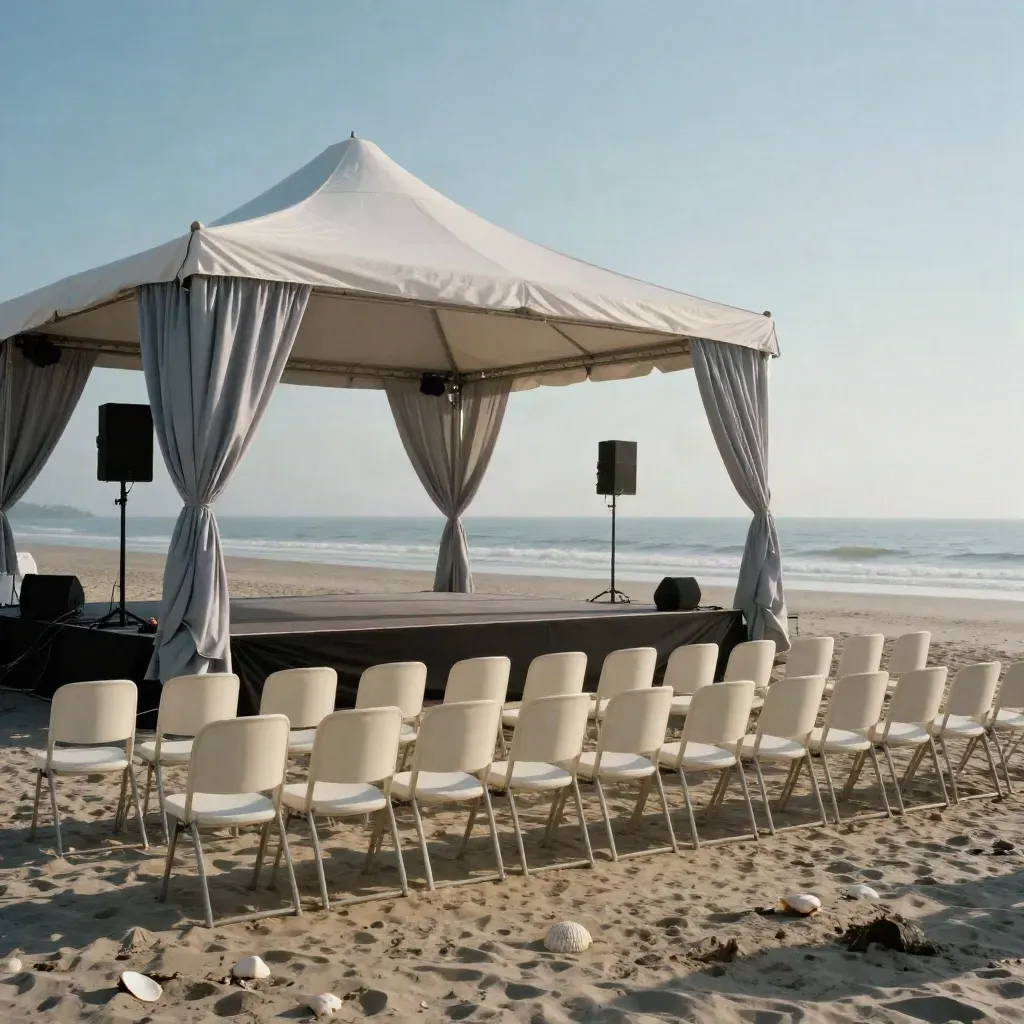 Beachfront pavilion set for a coastal summit, empty chairs facing the sea and stage ready for AV.