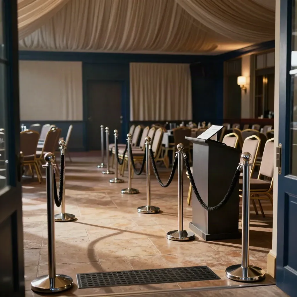 Empty hotel registration lane beside stacked chairs and a reset ballroom entry, warm late-afternoon light.