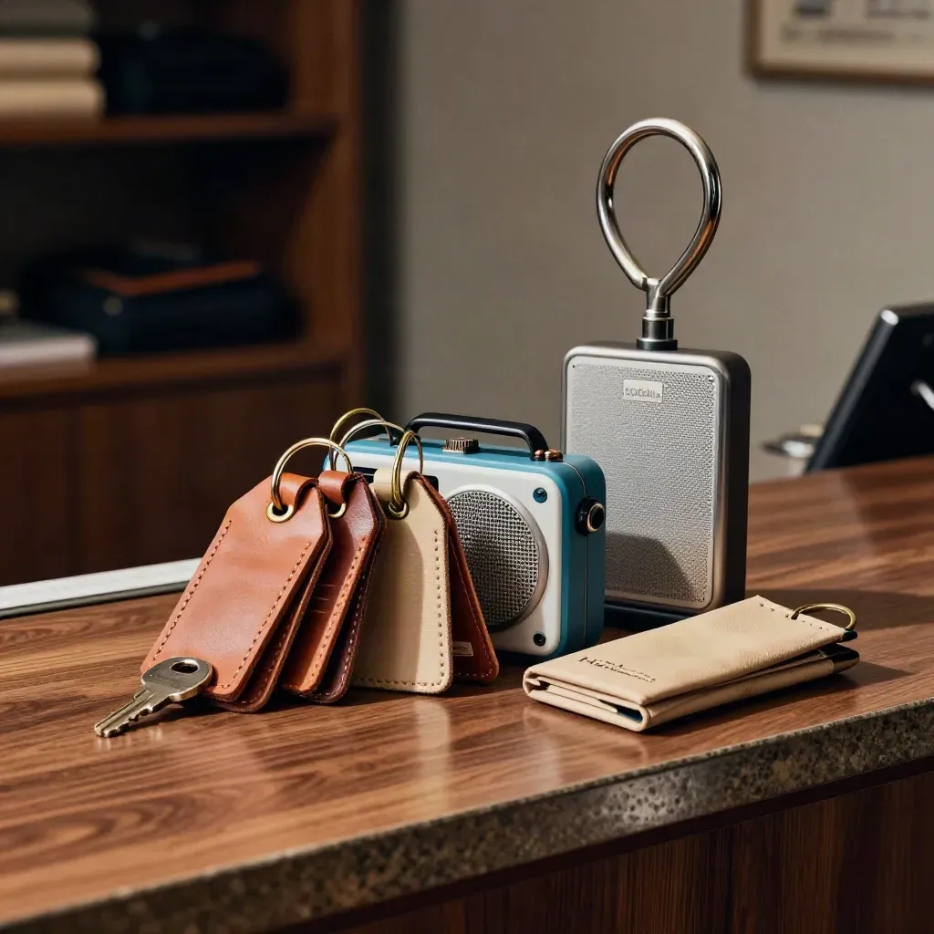 Travel logistics still life with luggage tags, radio, scale hook, and key sleeve on walnut.