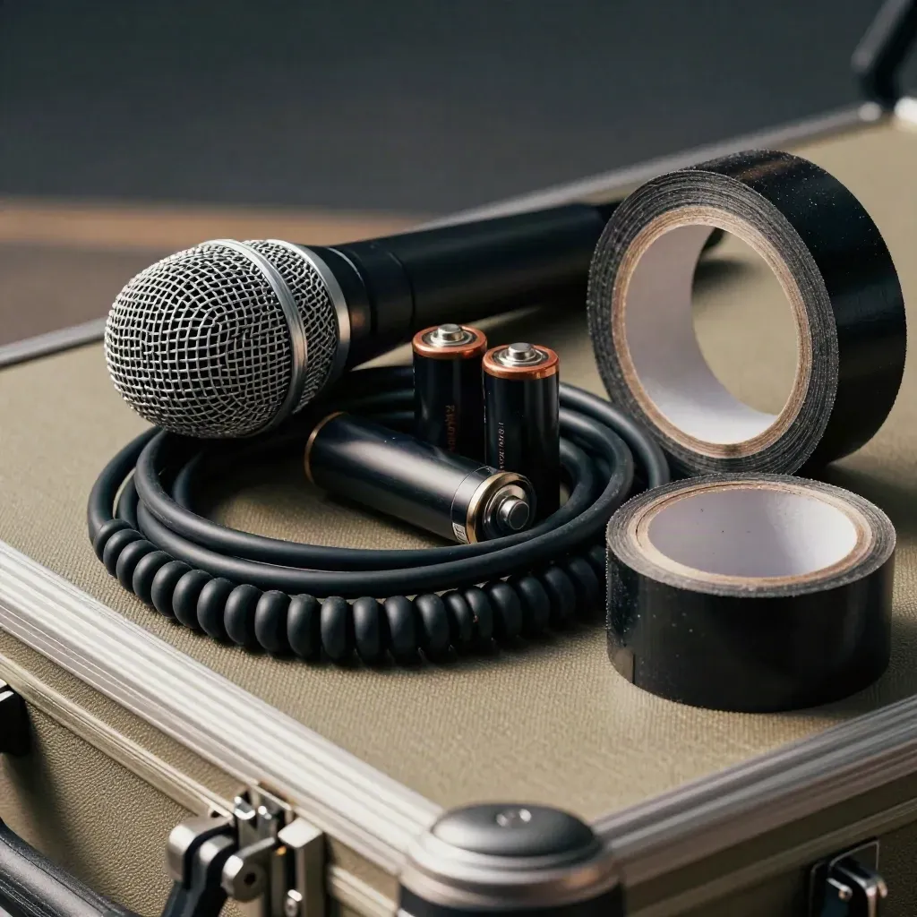Close-up of an AV kit: cable coils, mic capsule, batteries and gaffer tape on a road case.