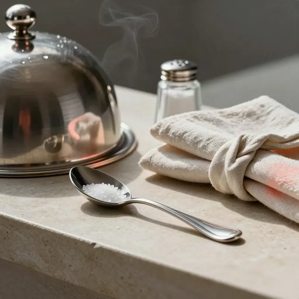 Cloche, tasting spoon, salt cellar and linen knot on pale stone with steam