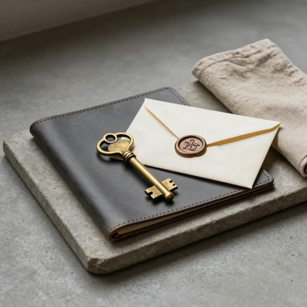 Brass key, sealed envelope and folio arranged on a stone tray with linen.