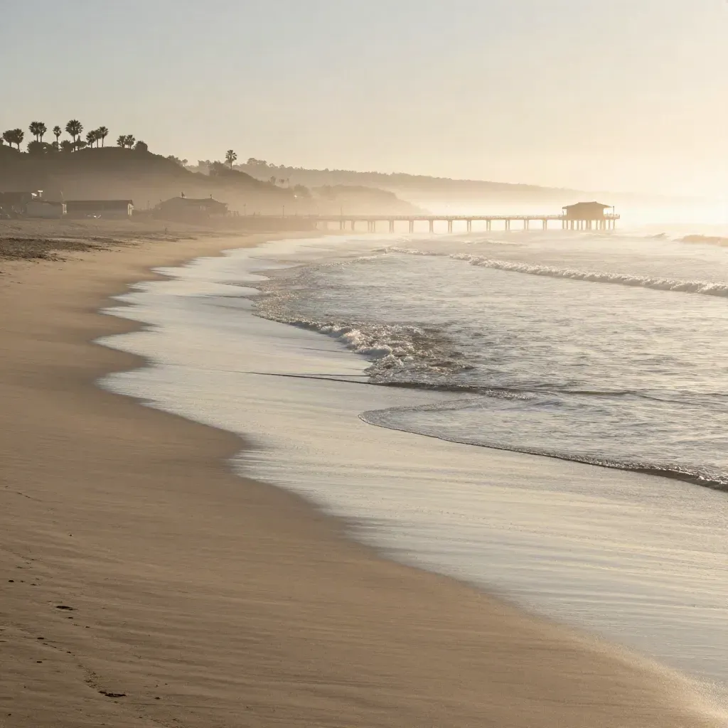 Santa Monica pier over hazy shoreline with wet sand and calm surf at golden hour