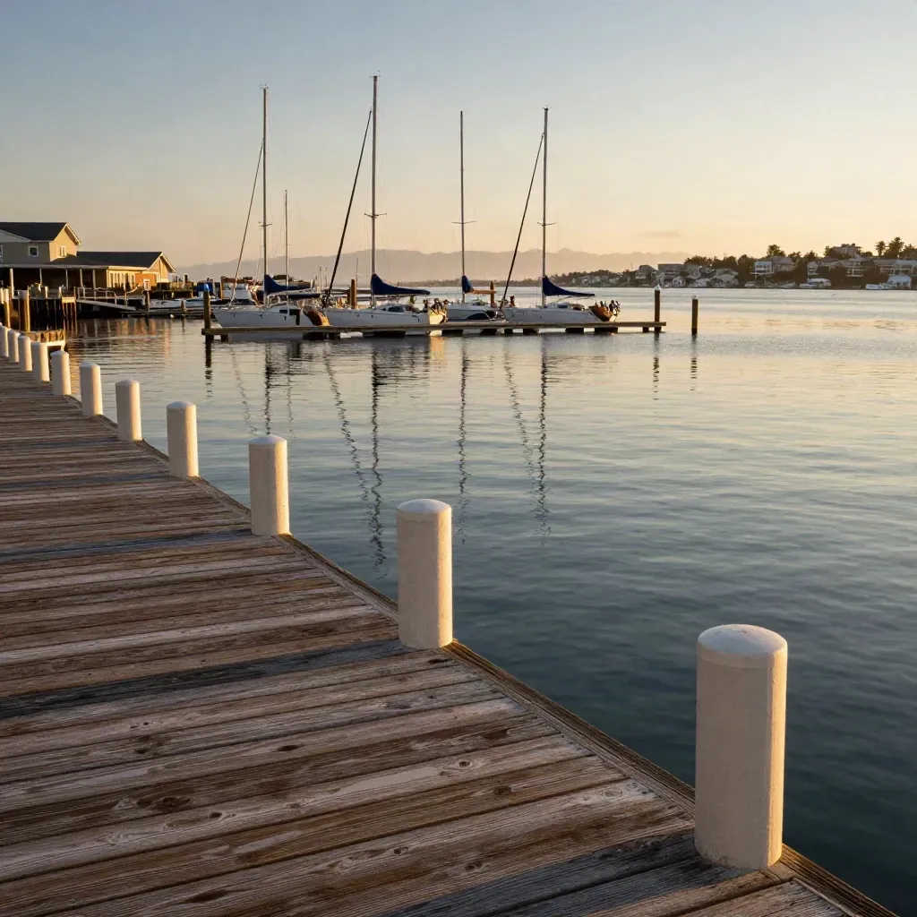 Sunset harbor with sail masts, docks, and calm water under warm haze.